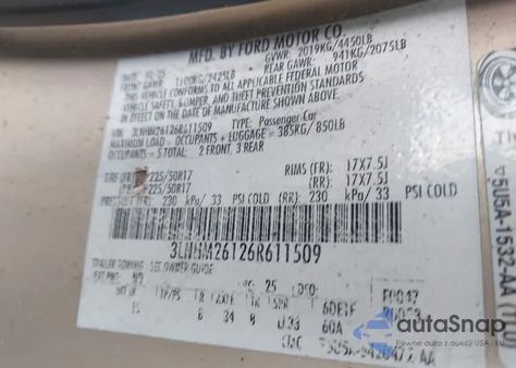 2006 Lincoln Zephyr z USA, uszkodzony, nr VIN 3LNHM26126R611509